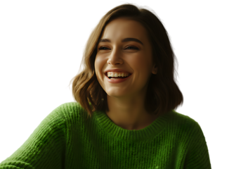 Portrait of a happy woman smiling with green sweater and short brown hair looking away cheerful and positive on transparent background
