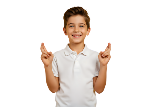 Boy crossing fingers luck hope wish gesture smiling child positive expression anticipation good fortune on transparent background