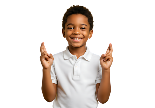 African american boy crossing fingers wishing luck hope belief faith young child kid smiling portrait isolated on transparent background