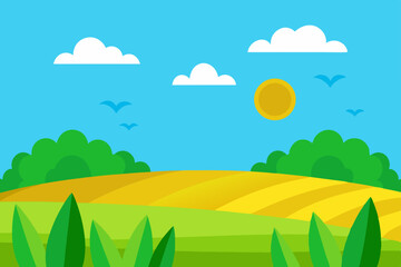 This is a cartoon illustration of a green summer field on a sunny day