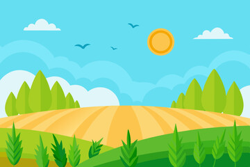 Obraz premium This is a cartoon illustration of a green summer field on a sunny day