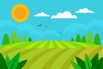 Obraz premium This is a cartoon illustration of a green summer field on a sunny day