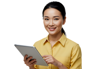 Asian woman tablet technology businesswoman digital device smiling professional online communication on transparent background