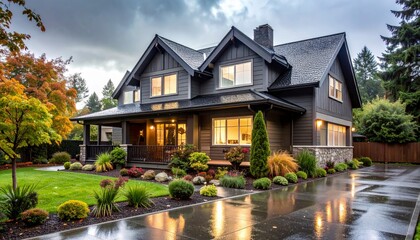 Obraz premium Cozy suburban home glistens after a refreshing rain, wet pavement reflecting the overcast sky and soft light from within its welcoming adding warmth.