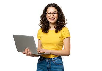 Smiling student girl using laptop computer for online learning education studying from home with glasses on transparent background