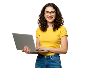 Smiling student girl using laptop computer for online learning education studying from home with glasses on transparent background