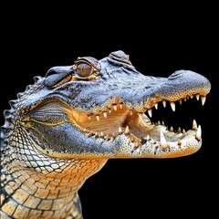 Obraz premium Fierce crocodile head closeup with open jaws showcasing sharp teeth and textured skin, evoking sense of power and danger