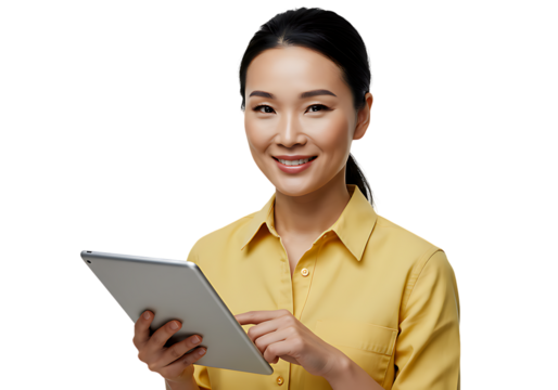 Asian woman tablet technology businesswoman digital device smiling professional online communication on transparent background - Powered by Adobe