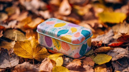 Colorful lunchbox on fallen leaves during autumn outdoors  
