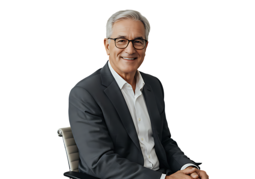 Portrait of smiling senior businessman executive professional leader in suit and glasses sitting on transparent background