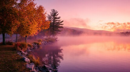 Misty lake at sunrise with vibrant fall foliage and mountains  