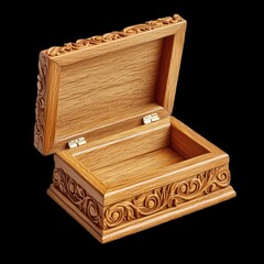 Handmade wooden jewelry box with intricate carvings and open lid, showcasing its elegant design and craftsmanship. Perfect for storing precious items or as decorative piece