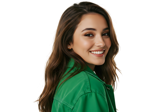 Portrait of smiling woman in green jacket looking over shoulder with beautiful brown hair and perfect teeth on transparent background