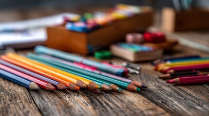 Naklejka premium Colorful school supplies arranged on wooden desk for creativity 