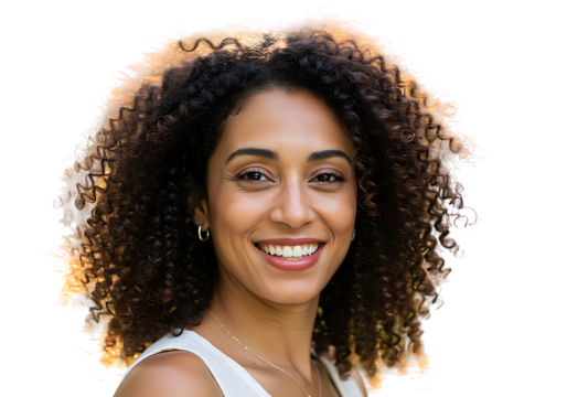Portrait of a beautiful smiling woman with curly hair and natural skin tone in outdoor setting close up view on transparent background