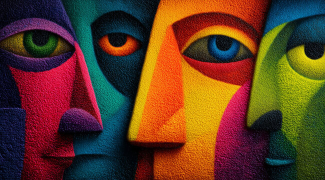 Abstract faces with vibrant colors and textured surfaces create a striking visual display art