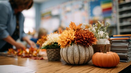 Teacher preparing classroom with fall decorations and pumpkins  