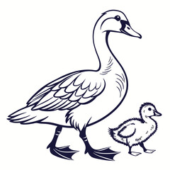Stylized silhouette of a crowned duck and duckling walking together, black vector illustration on white background ai generator
