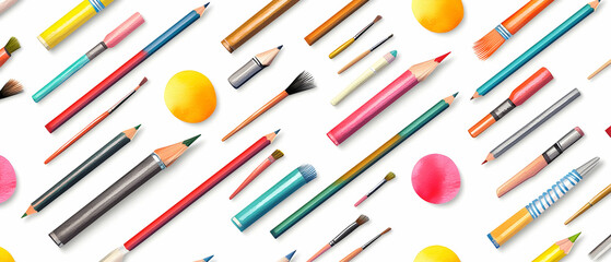 Colorful Art Supplies Pattern On White Background