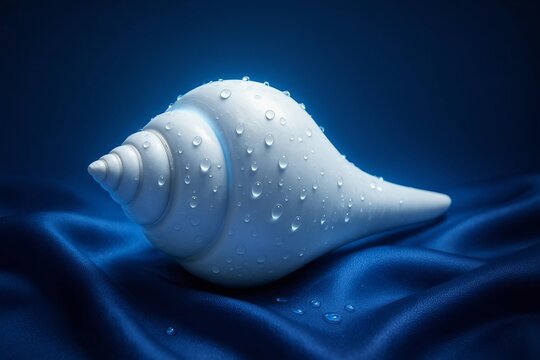 Sacred White Shankha (Conch Shell) with Water Droplets on Blue Silk Background