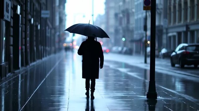Person walking with umbrella in the rain in a city street on a moody day