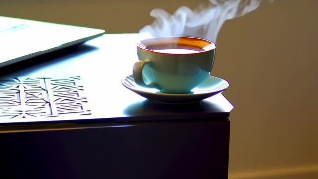 A laptop computer and a cup of coffee on a desk.