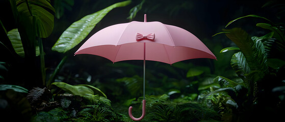 Pink Umbrella In Dark Lush Forest