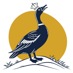 Black silhouette of a crowned duck standing on ground near grass, stylized vector illustration on white background ,ai generator
