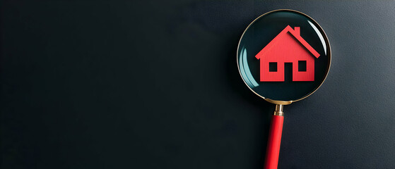Red House Icon Under Magnifying Glass On Dark Background