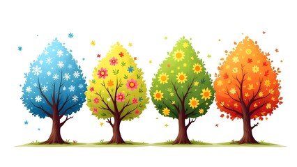 Vector illustration of four stylized seasonal trees in a row, representing winter, spring, summer, and autumn white background