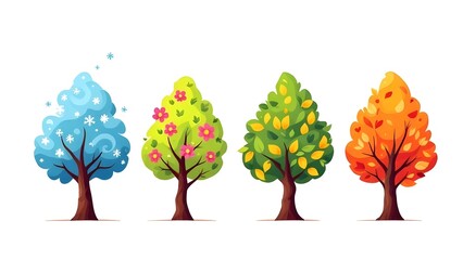 Vector illustration of four stylized seasonal trees in a row, representing winter, spring, summer, and autumn white background