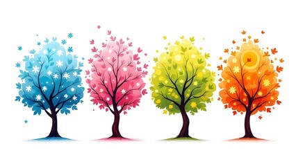 Vector illustration of four stylized seasonal trees in a row, representing winter, spring, summer, and autumn white background