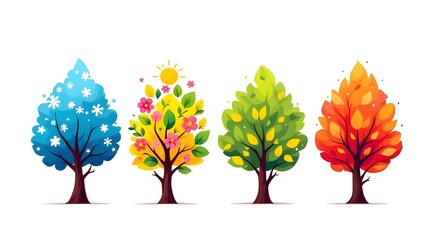 Vector illustration of four stylized seasonal trees in a row, representing winter, spring, summer, and autumn white background