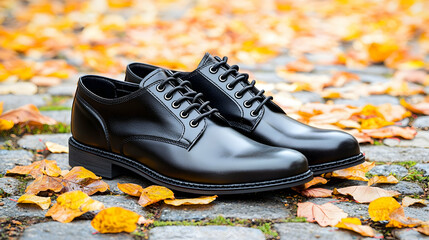 Black Leather Brogues On Cobblestones With Autumn Leaves