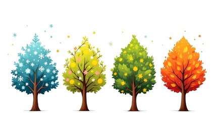 Vector illustration of four stylized seasonal trees in a row, representing winter, spring, summer, and autumn white background