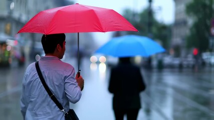 People with umbrellas walking in the rain, depicting city life and bad weather conditions