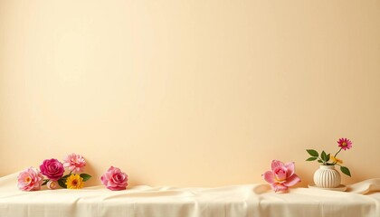 Creamy beige backdrop with subtle texture, ideal for product displays,  setting,  empty