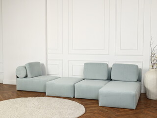 Introducing the Modern Modular Sofa, featuring a beautiful Light Blue Fabric upholstery