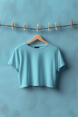 A light blue cropped t-shirt mockup hanging on a wooden hanger against a textured blue wall, with clothespins and string in the background.