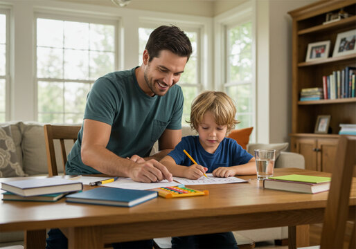 Father and son learning at home