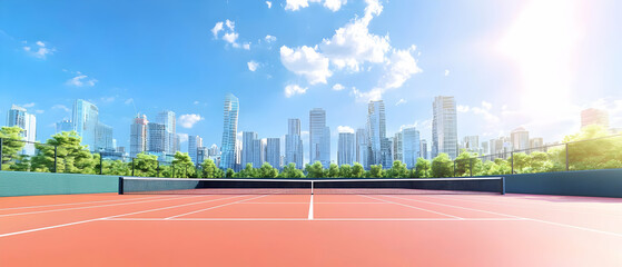 Empty Tennis Court In City Park On Sunny Day