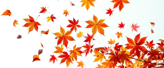 Crisp white background showcases vibrant autumn leaves in mid-air, swirling gently, seasonal, wallpaper