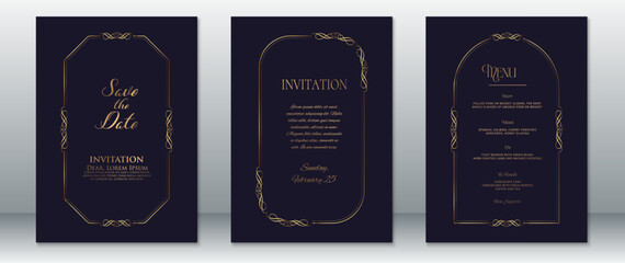 Elegant navy blue and gold wedding invitation set featuring ornate line borders and classic typography. Includes Save the Date, invitation, and wedding menu layouts. 