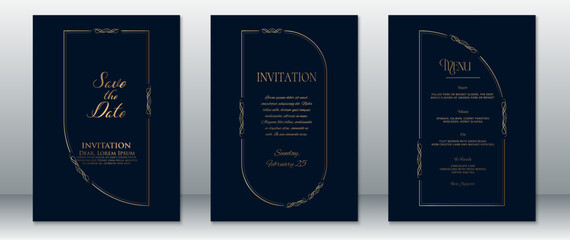 Refined wedding invitation set featuring a deep navy background and classic gold flourishes. Includes Save the Date, formal invitation, and menu card designs — ideal for luxurious evening wedding