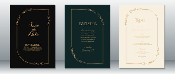 Elegant wedding invitation bundle featuring luxurious black and green backgrounds with gold ornamental frames, paired with a classic cream menu card. 