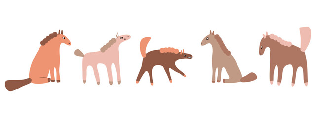 Vector graphic clipart with doodle silhouettes horses. Hand drawn cartoon animals collection. Perfect for tee, poster, card, sticker.