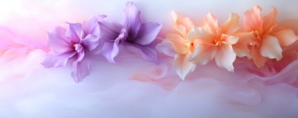 Obraz premium Pastel flower arrangement on sheer fabric background