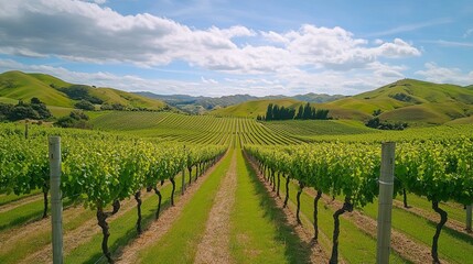 Naklejka premium Scenic vineyard with rows of grapevines on rolling hills.