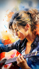 Young Woman Playing Guitar! Abstract Painting. Generative AI.