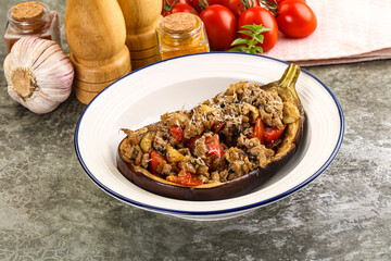 Baked eggplant stuffed meat and tomato